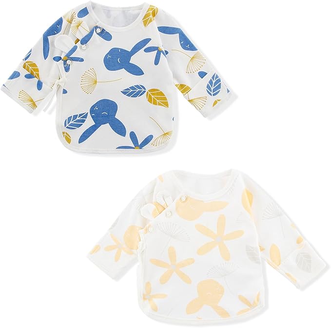 Newborn Side snap Shirts for Baby Girls & Boys, Purcotton Baby Girls & Boys Top Tees with Cute Patterns, 2-Pack