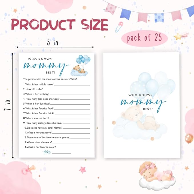 Who Knows Mommy Best Baby Shower Game, 25 Double-Sided Blue Bear Games for Boys, Interactive Baby Boy Party Supplies, Baby Boy Celebrations - B01