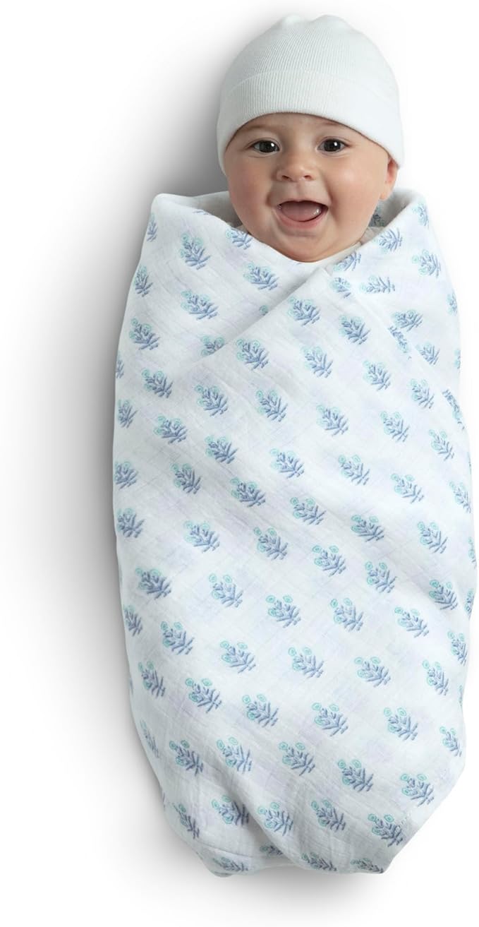 Delta Children 100% Cotton Muslin Baby Receiving Blankets for Girls and Boys – 47x47 Inches (Pack of 2), Blue Botanicals