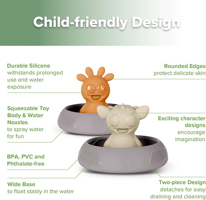 Haakaa Squeeze Alien Explorers Baby Bath Toys, Food Grade Silicone Toddler Bath Toys for Bathtubs/Swimming Pools/Beaches, Detachable Mold Free Floating Tub Toys for Kids Ages 1-3 (Bumble+Dux)
