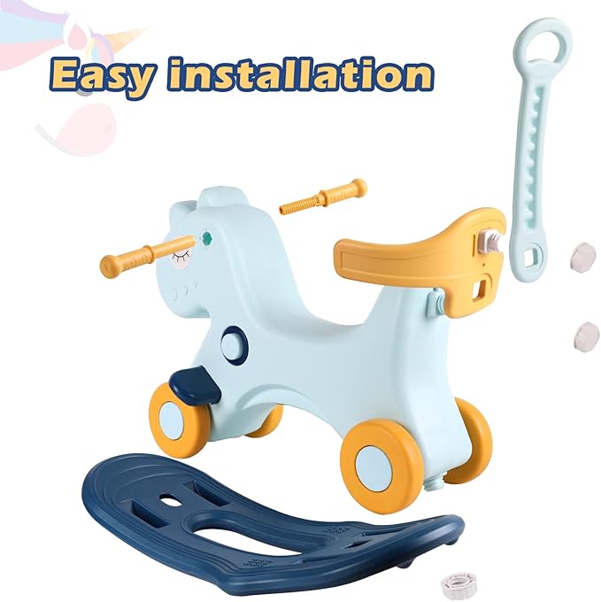 4 in 1 Rocking Horse for Toddlers 1-3 Years Old, Baby Rocking Toy Fun Birthday Gift for 1+ Boys, Ride on Toy with Detachable Balance Board and Footrest,Balance Bike with Push Handle,Blue