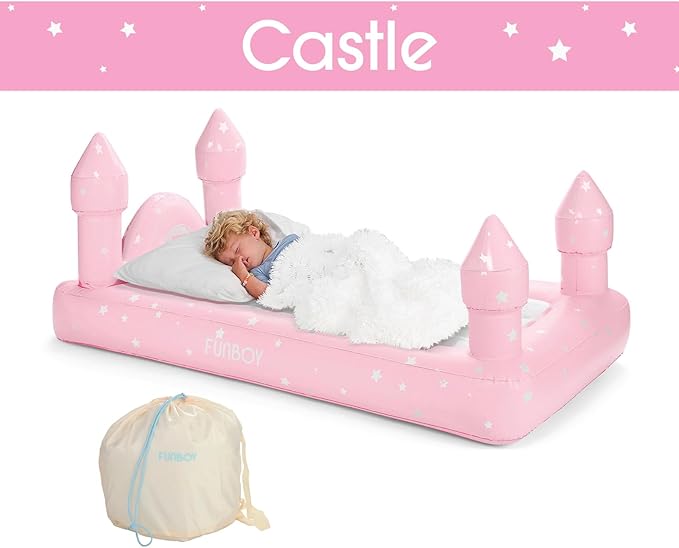 FUNBOY Kids Pink Castle Sleepover Travel Bed & Air Mattress. Perfect for Sleepovers. Includes Carrying Storage Bag, Twin