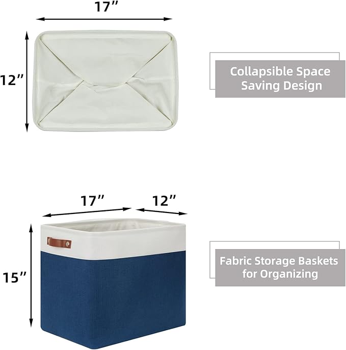 HNZIGE Storage Baskets for Organizing, Set of 2, Foldable Storage Bins Navy Blue Tall Baskets for Shelves, Canvas Collapsible Storage Bins with Handles for Storage Closet Linen(White Blue)