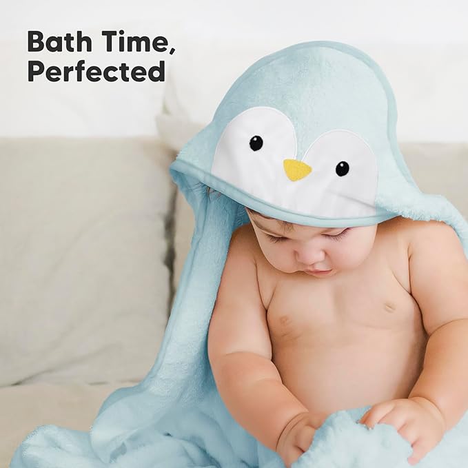 KeaBabies Hooded Baby Towel for Newborn - Viscose Derived from Bamboo Large Baby Bath Towels with Hood for Boys, Girls, Toddler, Extra Absorbent & Soft Newborn Bath Essentials (Penguin)