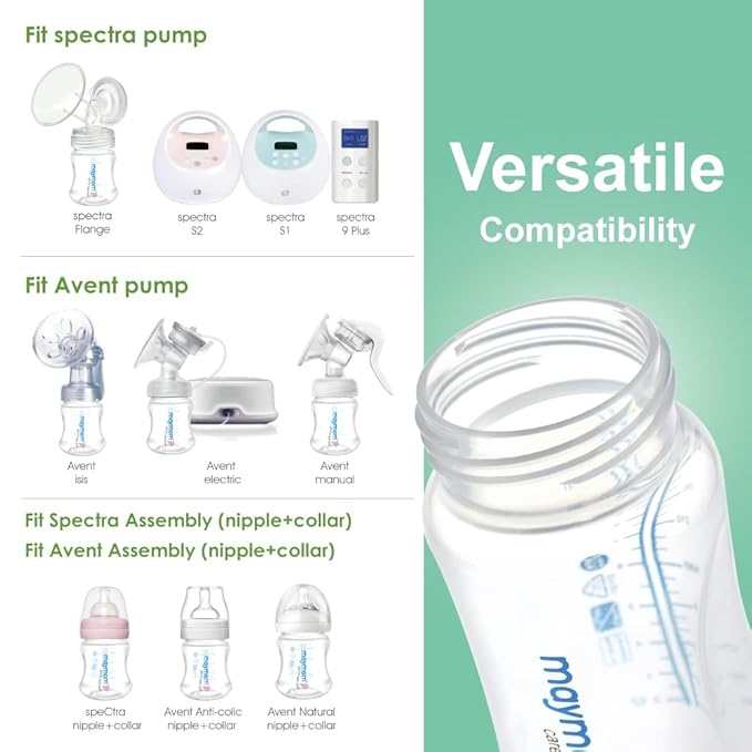 Maymom Wide-Mouth Milk Storage Collection Feeding Bottle with Nipple, Dome Cap, Bottle Top, SureSeal Disk; Compatible with Spectra/Luna Pumps; 4.7oz/140mL, 2pc & 9oz/280mL, 2pc
