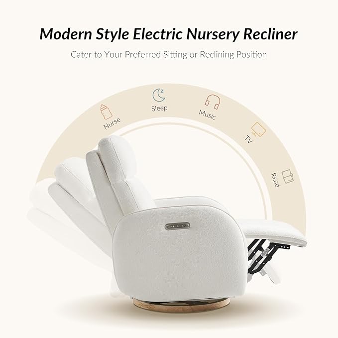HULALA HOME Glider Recliner Nursery Chair with Adjustable Headrest and Lumbar Support, Modern Power Recliner with USB Port and Nightlight, Swivel Rocker Glider for Nursing Room Bedroom, White