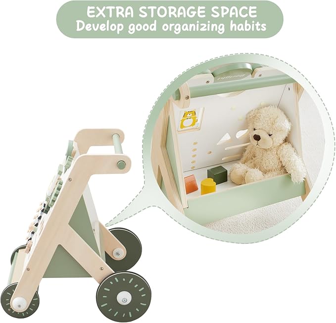 Beright Wooden Baby Walker with Roller Upgraded, Push and Pull Learning Activity Walker, Multi-Functional Kidsâ Activity Toys, Develops Motor Skills & Stimulates Creativity, Green