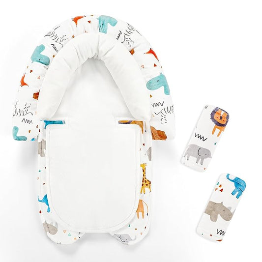 Infant Car Seat Insert & Strap Cover for Baby Boys, 2 in 1 Carseat Head Support Newborn, Ultra Soft Car Seat Cushion for Babies, Plush Fabric, Fit for Swing, Car Seat, Stroller, Bouncer