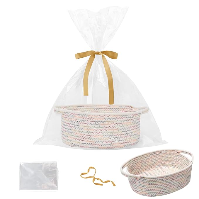 Gift Basket with Gift Bag and Ribbons,Small Rope Woven Shelf Storage,Baskets for Gifts Empty,Birthday,Shower,Decorative Organizer Box for Cat Dog Pet with Handles(Colorful Thread)