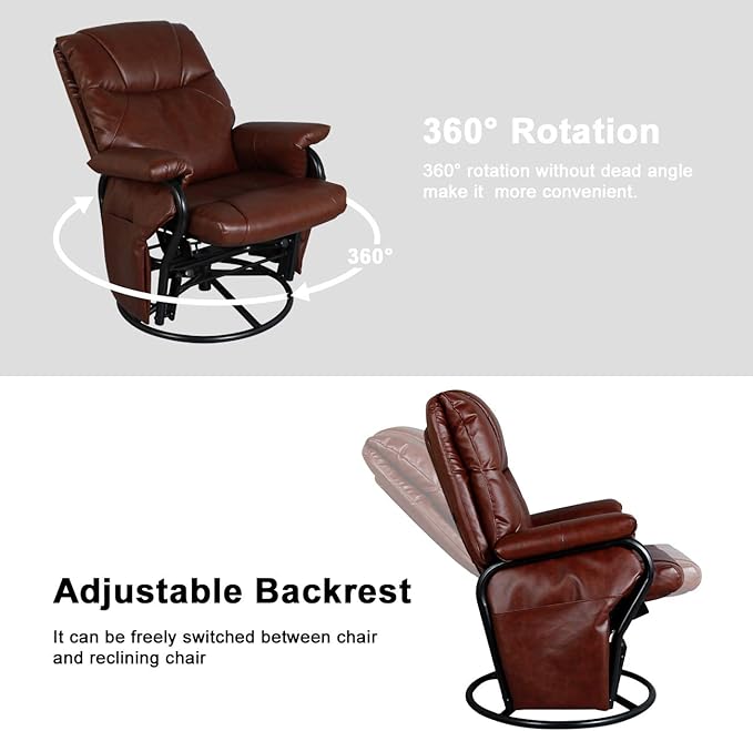 AODAILIHB Glider Chairs Rocking Chair with Ottoman 360° Swivel Chair PU Leather Upholstered Armchair Lounge Chair Sliding Chair Set (Brown)