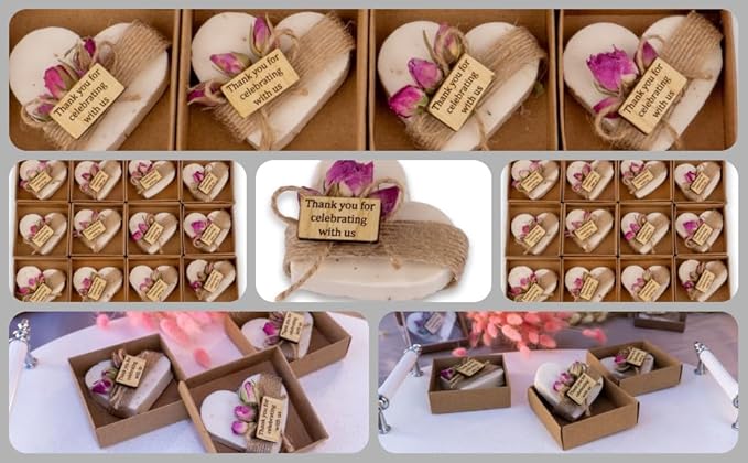 Heart Shaped Soaps 12-Pack, Handmade Scented Mini Soaps for Bridal Shower Party Favors, Tea Party, Wedding, Baby Shower & Engagement Gifts for Guests, Thanks You for Celebrating with Us Wooden Tag