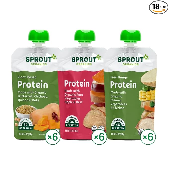 Sprout Organics Baby Food, Root Veg & Beef, Creamy Veg & Chicken, Plant-Based Chickpea Protein Pack, 8+ Months, 4 Oz Purees (Pack of 18)