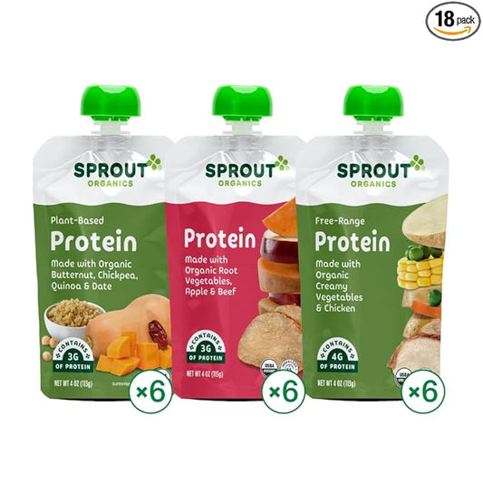Sprout Organics Baby Food, Root Veg & Beef, Creamy Veg & Chicken, Plant-Based Chickpea Protein Pack, 8+ Months, 4 Oz Purees (Pack of 18)