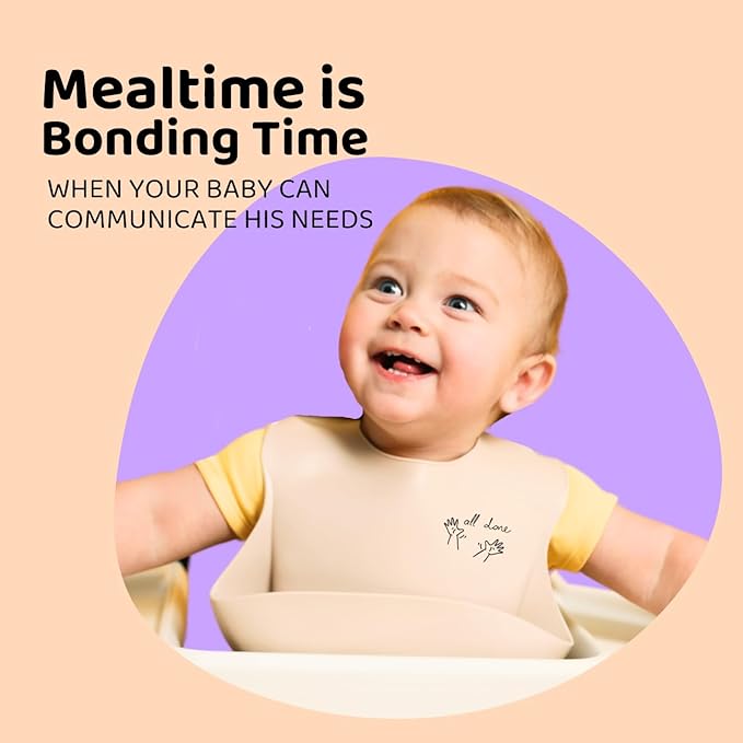 Baby Sign Language Silicone Bib Bundle, More & All Done, Pink Sand