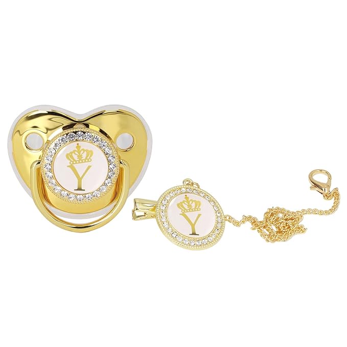 Golden Letter Baby Pacifier, Personalized Bling Pacifier with Pacifier Clips and Anti-Dust Cover for Baby Shower Newborn Birthday Photography (Y)