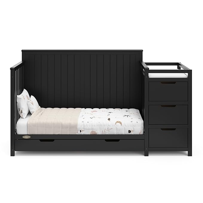 Graco Hadley All-in-One Convertible Crib & Changer (Black) – GREENGUARD Gold Certified, Fits Standard Crib Mattress, Converts to Toddler Bed and Full Bed, 4 Adjustable Mattress Heights