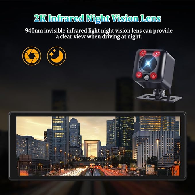 VSYSTO Car Stereo Wireless Carplay and Android Auto, 10.26" Touchscreen WiFi Truck Dash Cam with 2K Infrared Night Vision Lens Backup Camera for Semi Trailer Van Tractor RV, GPS Navigation (Black-B)