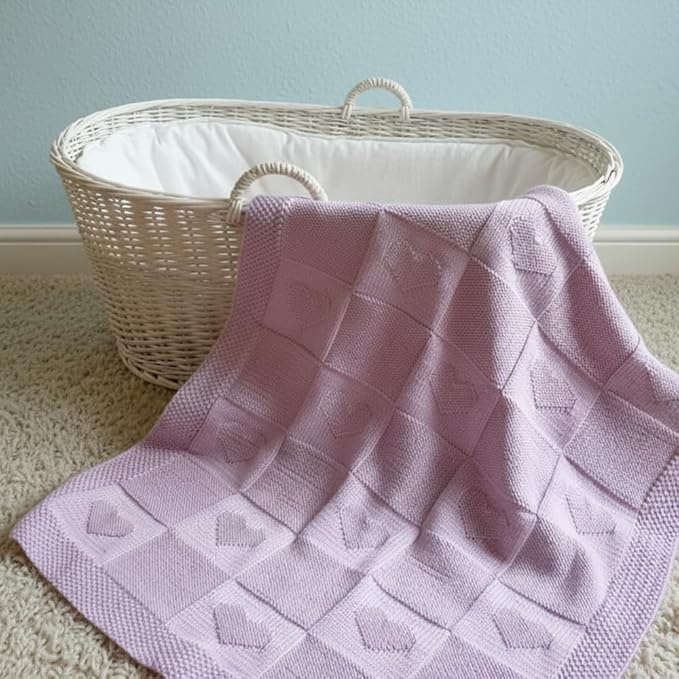 Heart Baby Knit Blanket – 100% Cotton Soft Lightweight Receiving Blanket with Square Heart Design for Newborn Infant Toddler Boy Girl, Cozy Crib Stroller Blanket