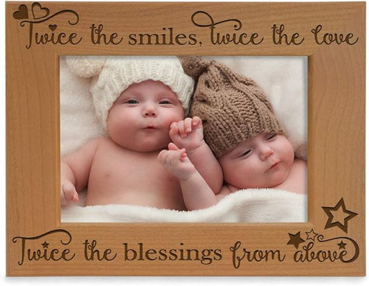 KATE POSH - Twice The Smiles, Twice The Love, Twice The Blessings from Above - Engraved Natural Wood Photo Frame - Twins Picture Frame, Twins Gifts for Babies, Twins Gifts for mom (5x7-Horizontal)