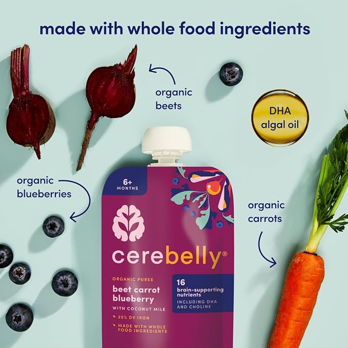 Cerebelly Baby Food Pouches – Organic Veggie Purees for Toddlers | No Added Sugar, Fiber, Non-GMO | Blended Toddler Pouches | 4 Ounce BPA-Free Pouch | Beet Carrot Blueberry | 6 Count