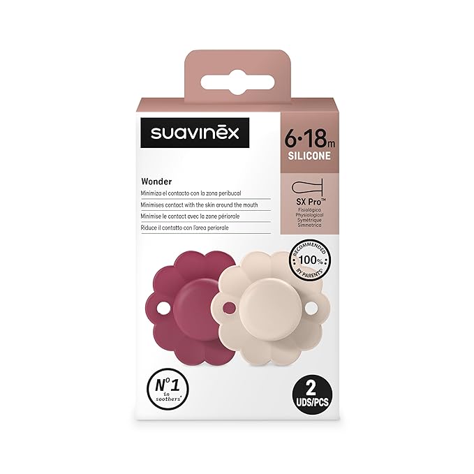 Suavinex Wonder Baby Pacifier, SX Pro Silicone Nipple, Reversible, Non Irritating Shield Design, 2Pk Pacifiers 6-18 Months, Made in Europe, Magenta Chalk