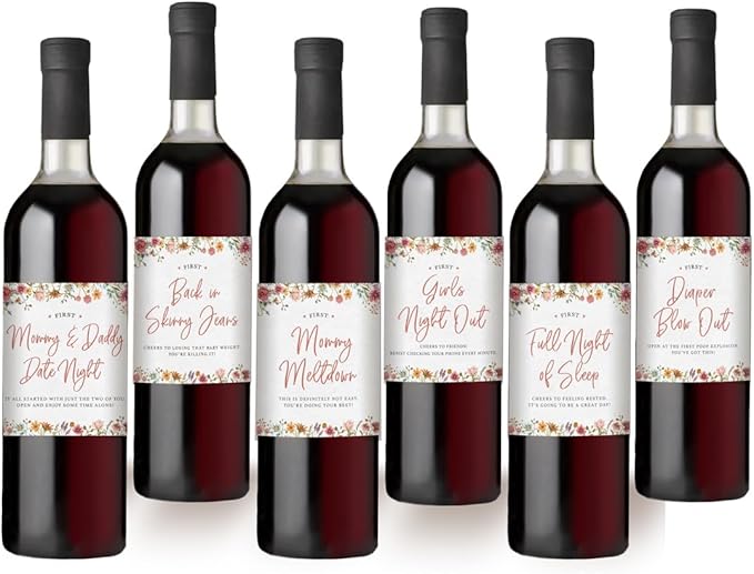 Printed Party Baby Shower Wine Label Gift Set - Mommy's First Milestones, Wine Bottle Labels for Expecting Mother to Be, Baby in Bloom Wildflower Theme (Set of 6)