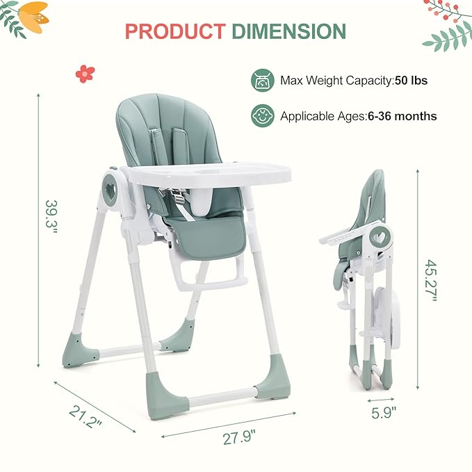 Baby High Chair for Toddlers 1-3 Years Old, Foldable Baby High Chair with Removable Tray, Lightweight Folding Chair with 5-Point Safety Harness, Multiple Recline Positions & Compact Design