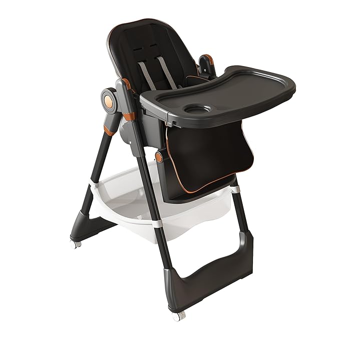 3-in-1 Foldable High Chair for Babies & Toddlers, Adjustable Height, Reclining Seat, Wheels with Safety Locks, Removable Tray, Space-Saving Multifunctional Baby Dining Chair (Black)