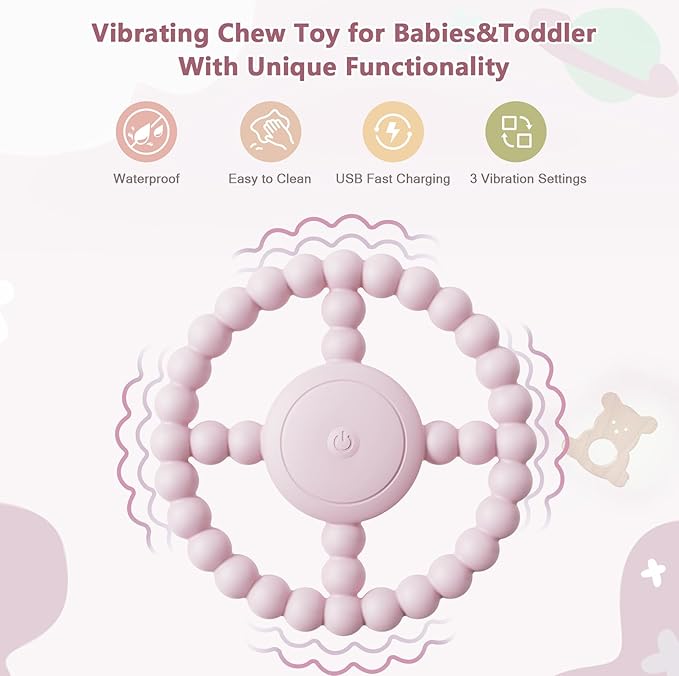 Vibrating Sensory Teething Toys, Soothing Chew Ring for Babies 6-18 Months, Autism Support & Oral Development, USB Rechargeable Teether for Toddlers, 1-2 Year Old Boys Girls Gifts idea (Pink)