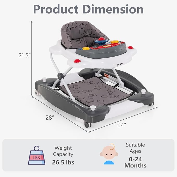 INFANS Baby Walker, 5 in 1 Behind Walker Learning Seated Rocker Bouncer with Removable Music Tray, Adjustable Height, Washable Seat Cushion, Foldable Activity Center for Toddlers (Grey)