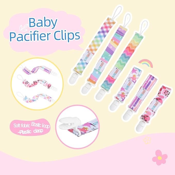 ALVABABY Pacifier Clips 6 Packs Rainbow Paci Clip Holder Leashes for Baby Boys and Girls Fits Most Pacifier,Binkie Styles,Baby Teethers,Toys