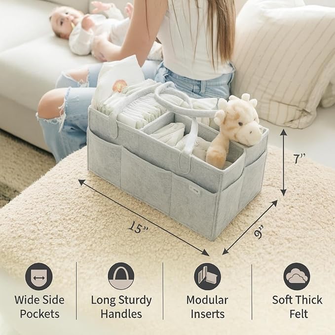 PUTSKA Nursery Storage Basket - Baby Diaper Caddy Organizer for Diaper Station, Newborn Essentials, Baby Shower Gifts and Registry Must-Haves for Boy or Girl