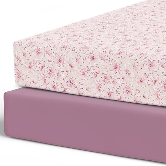 Pobibaby – 2 Pack Crib Sheets Girl, Premium Fitted Baby Crib Sheets for Standard Mattress – Ultra-Soft Jersey Knit, Safe and Snug, Stylish Floral Design (Blossom)