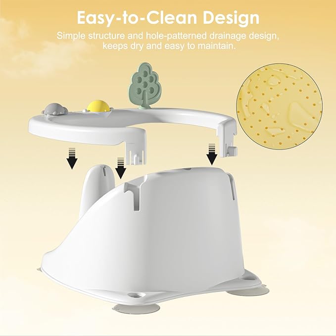 Baby Bath Seat with Bath Cap, Comfortable Baby Bath Chair for Babies 6 Months & up, Infant Bath Seat with Soft Cushion & Suction Cups, Non-Slip Bath Seats for Babies Sitting Up, Yellow