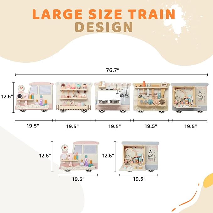 JOYMOR Wooden Train Wall Busy Board Activity, Sensory Wall Panel for Kids, Toddler Montessori Learning Activity Center for Playroom,Daycare, Ideal Educational Gift