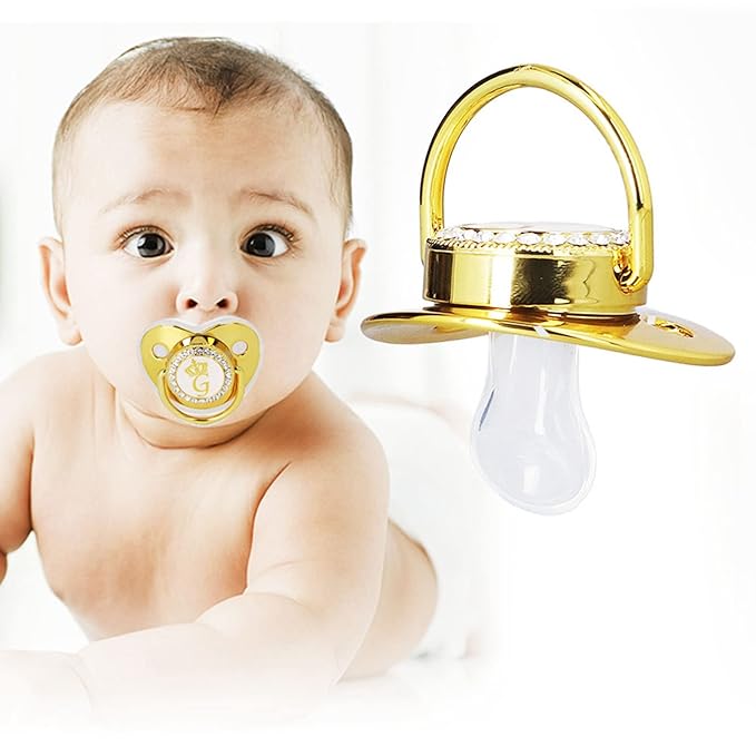 Golden Letter Baby Pacifier, Personalized Bling Pacifier with Pacifier Clips and Anti-Dust Cover for Baby Shower Newborn Birthday Photography (G)