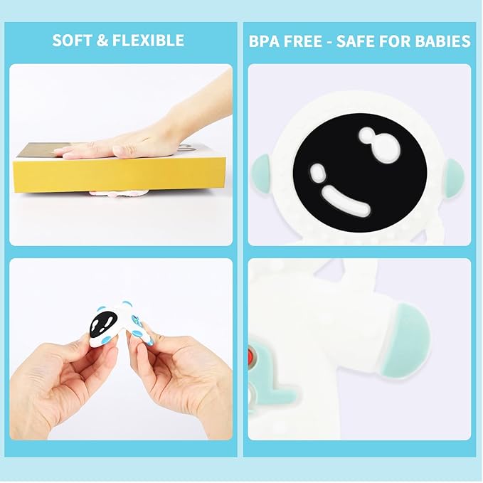 Baby Teething Spaceman Toy for 3+ Months Infants Sucking, Food Grade Silicon Astronaut Styling Teether, BPA Free (4 in 1 Pack)