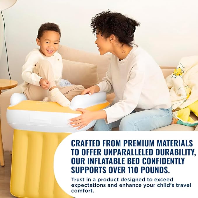 Portable Toddler Air Travel Bed with Raised Sides, Aero Bed for Kids, Ideal for Plane, Car, and Train Journeys, Includes Safety Belt and Manual Pump, Designed to Fit Airplane Seats.
