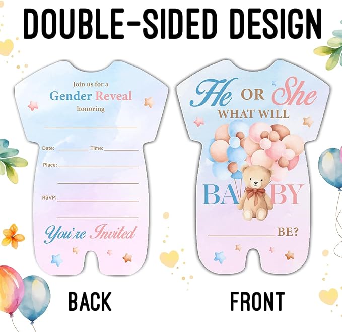 LyoGao Bear Gender Reveal Invitations - Balloon Bear He or She Baby Shower Party Fill in Invites Cards With Envelopes (20 Pack)