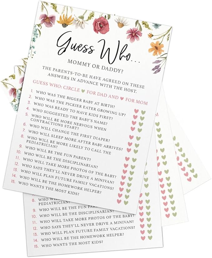 Printed Party Baby Shower Games – 4 Games and Activities for 30 Guests, Includes Bingo, Price is Right, Emoji Book, and Guess Who Trivia, Baby in Bloom Floral Design for Girl