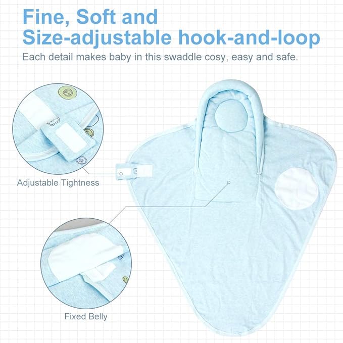 Organic Cotton Baby Swaddle Blankets, Unisex Baby Blanket Wrap for Newborn Baby Boys Girls, Skin Friendly Wearable Swaddling Sleep Sack Calms Startle Reflex (Button, Blue, 0-3 Months)