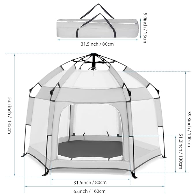 Baby Playpen with Canopy, Portable Baby Beach Tent, Toddler Play Yard Indoor and Outdoor, Foldable Mosquito Net for Infant - Light Grey
