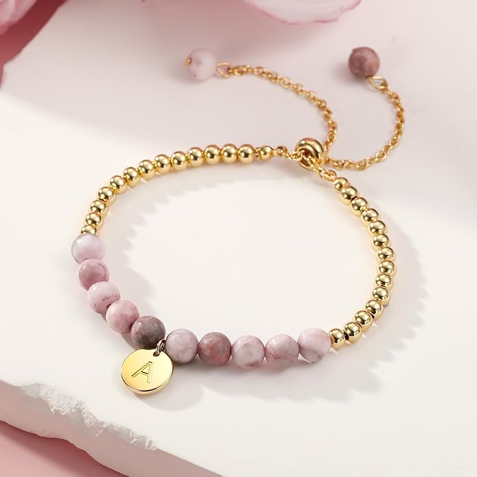 Ritach Initial Bracelets for Girls - Pink Zebra Natural Stone Bracelet Real Gold Plated Beaded Bracelets Adjustable Disc Initial Bracelets for Girls Kids Teen Girl Gifts