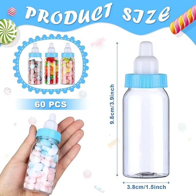 60 Pcs 4.5 Inch Baby Mini Milk Bottle Baby Shower Favor Fillable Feeding Bottle Candy Box Small Plastic Candy Container DIY Gift for Boy Girl Newborn Baptism Party Decor (Blue)