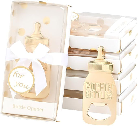 24PCS Golden Baby Bottle Openers for Baby Shower Favors Gifts, Baby Shower Decorations Souvenirs, Poppin Bottles Openers with Exquisite Gifts Box used for Guests Gender Reveal Party (24, white)