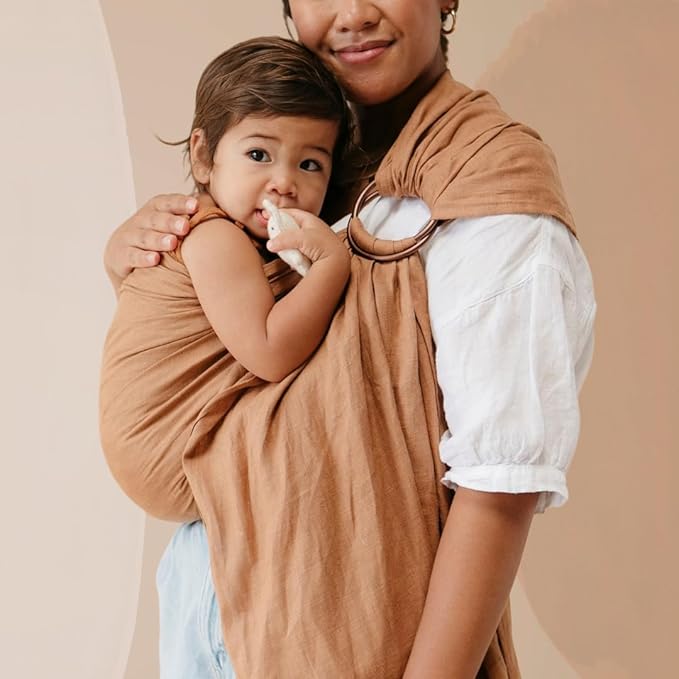 WildBird - Ring Sling Baby Carrier - Newborn to Up to 35 lbs - for Moms, Dads & Caregivers - 100% Natural European Linen Fibers - Versatile & Adjustable - 74” Size - Willow Fabric & Bronze Ring