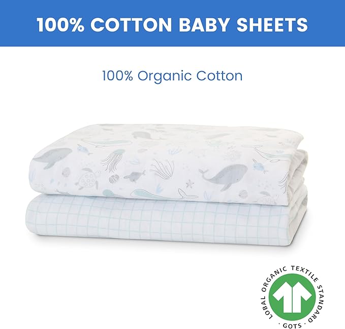 Delta Children Fitted Crib Sheets for Girls and Boys - 100% Organic Cotton Crib Sheet for Standard Crib and Toddler Mattresses - 28x52 Inch- GOTS Certified (Pack of 2), Sea Life