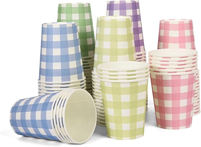 100pcs 9 oz gingham party Paper cups, 5 Colors Disposable Plaid Paper Checkered Cups for Wedding Birthday Party, Travel, Baby Shower Picnic