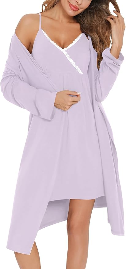 SWOMOG Womens Maternity Robe 2 Piece Nursing Nightgown for Breastfeeding 3 in 1 Labor Delivery Nursing Dress Lace Bathrobe