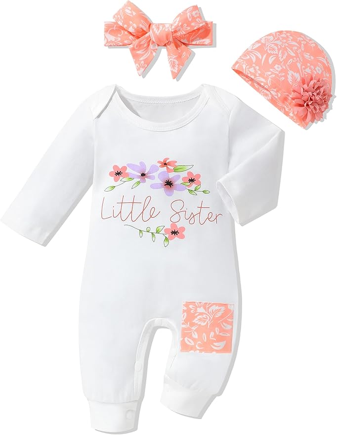 Baby Girl Clothes Patter&Letter Baby Girl Romper with Bow Hat&Headband and Gloves 4Pcs Baby Girl Coming Home Outfit